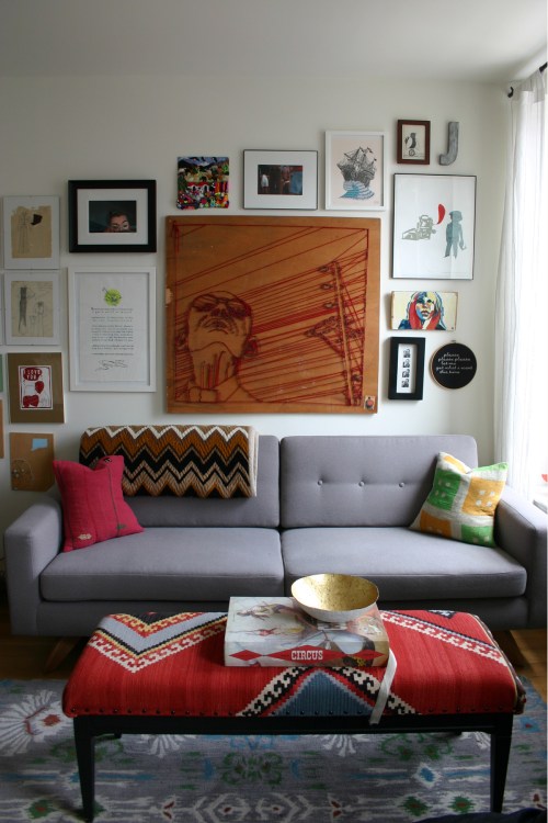 I used the old dining room rug to cover the ottoman. 