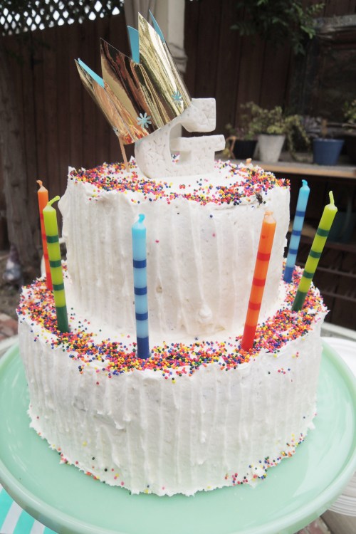 The cake was a double tiered white cake with vanilla frosting and rainbow sprinkles.  It's best to keep the cake simple if you're letting your 1 year old eat it.  Stay away from nuts and chocolate for this round! 