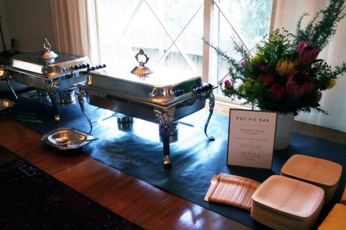 After the ceremony, we had a pot pie bar set up inside. The guests picked a filling and then topped it with crispy puff pastry squares. We used bamboo plates and forks throughout the whole party since there wasn't a sit down dinner. The bamboo elevates disposable plates and forks to something a little more elegant. 