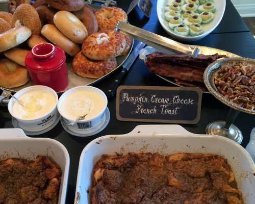 Bagels with cream cheese and pumpkin cream cheese french toast were our brunch staples.  Make sure to keep any nuts separate at a kids party! 