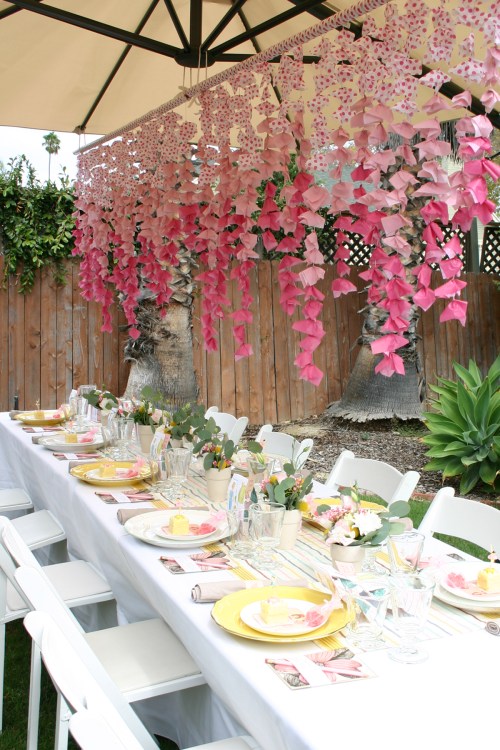 For the hanging decoration, I strung small squares of tissue paper into lengths of string and then sort of twist/squished them so they stayed put. It was so quick! 