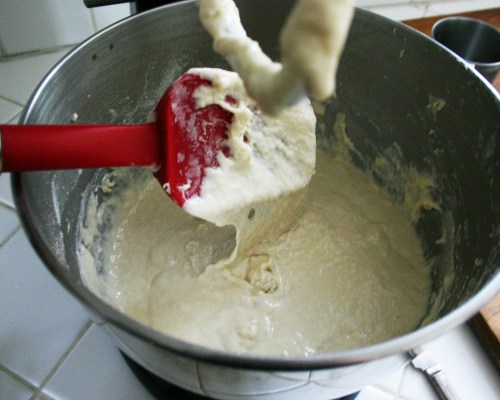 After adding your very warm water (should be hot, but you can still safely poke your finger in it), you'll have a gloopy mixture that falls in sheets off of a spatula.  