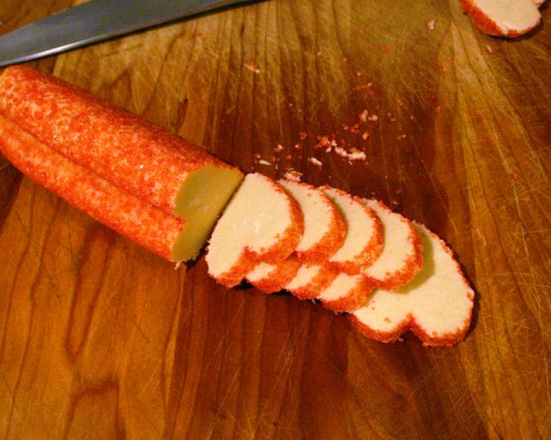 I shaped a 2 inch log of the butter cookie dough into a heart halfway through chilling and then sliced once it was firm.