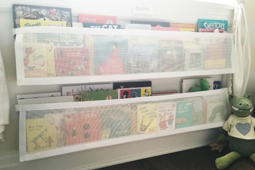 After: these are the double width shelves with the mesh attached and books in place. 