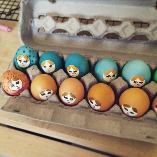 Nesting doll eggs waiting for more decoration!  I used food color pens to add patterns to their scarves.  