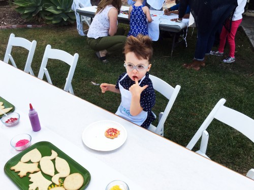 Next was the cookie decorating table.  I set out squeeze tubes of colored icing, plain sugar cookie shapes, and lots of different sprinkles.  