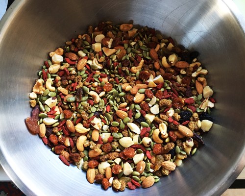 The dry ingredients all mixed up in a large bowl. 